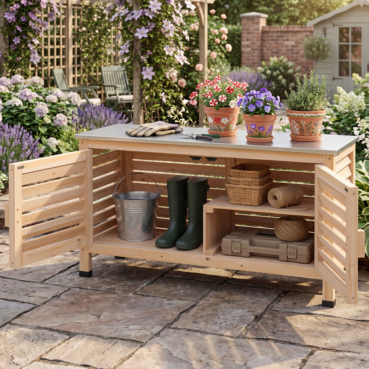 Patio Storage Cabinet with Stainless Steel Countertop and L-Shaped Shelf for Garden-Natural view 6