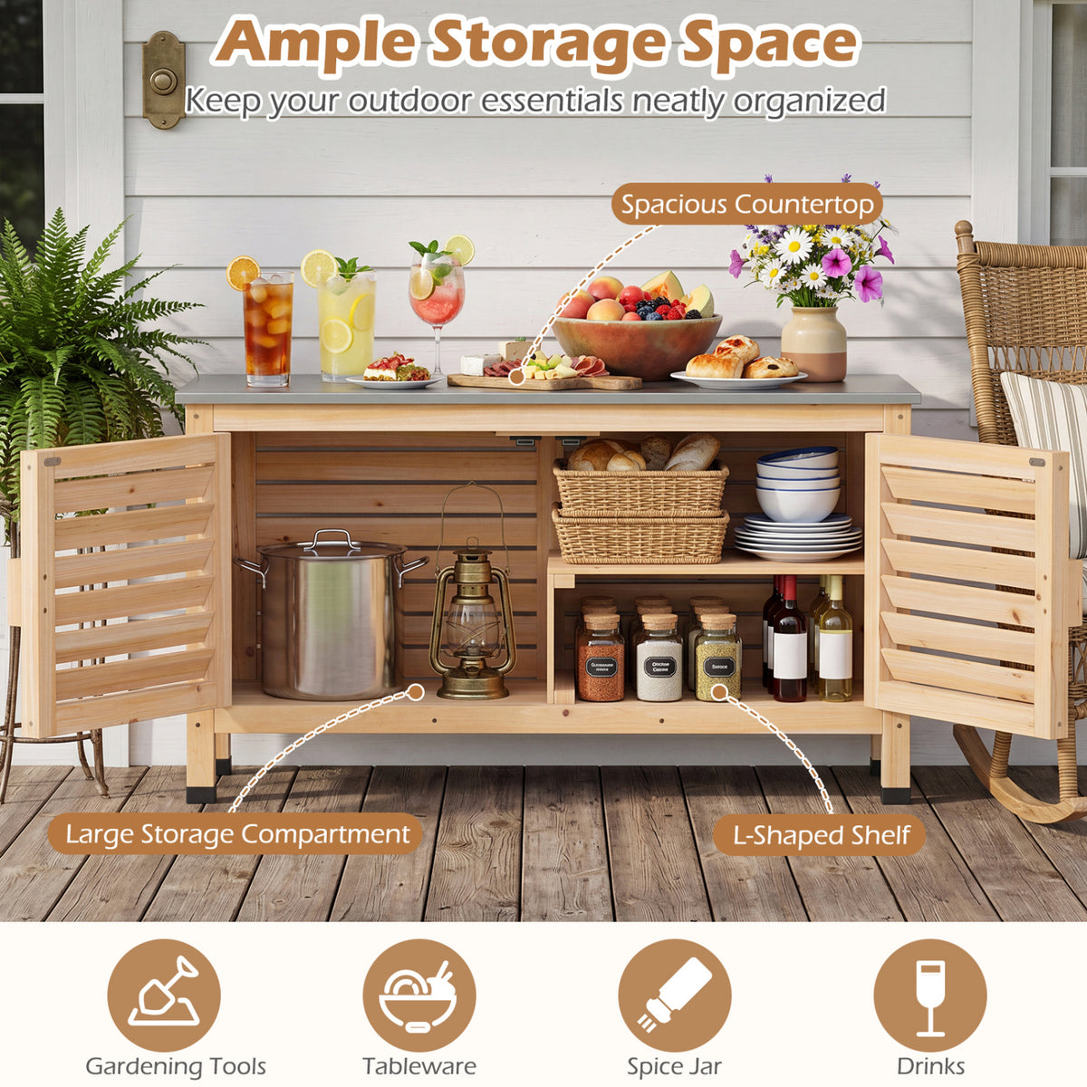 Patio Storage Cabinet with Stainless Steel Countertop and L-Shaped Shelf for Garden-Natural view 7