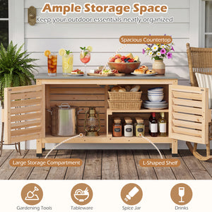 Patio Storage Cabinet with Stainless Steel Countertop and L-Shaped Shelf for Garden-Natural view 7