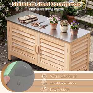 Patio Storage Cabinet with Stainless Steel Countertop and L-Shaped Shelf for Garden-Natural view 8