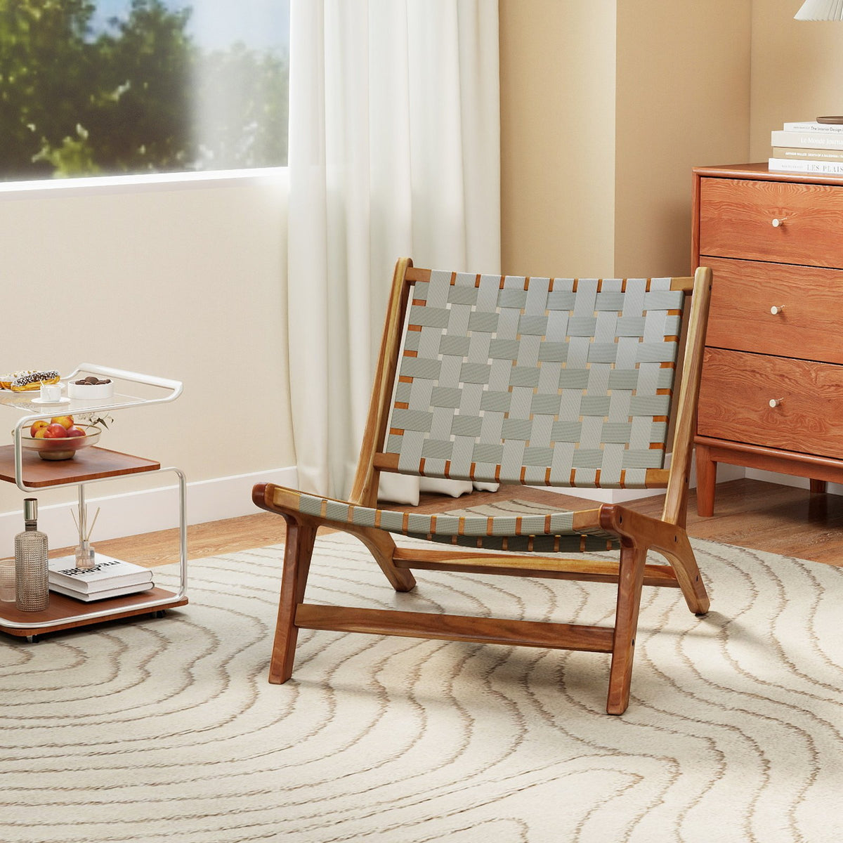 Patio Teak Wood Chair Outdoor Mid-Century Accent Chair with Nylon Webbing Seat view 2