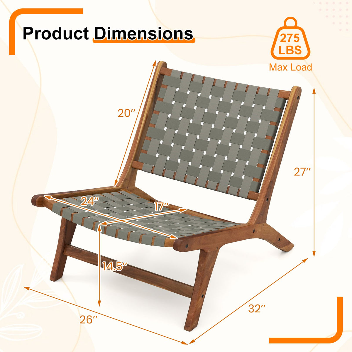 Patio Teak Wood Chair Outdoor Mid-Century Accent Chair with Nylon Webbing Seat view 4