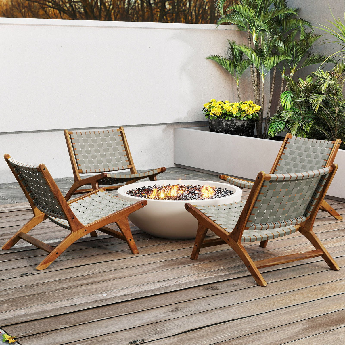 Patio Teak Wood Chair Outdoor Mid-Century Accent Chair with Nylon Webbing Seat view 5