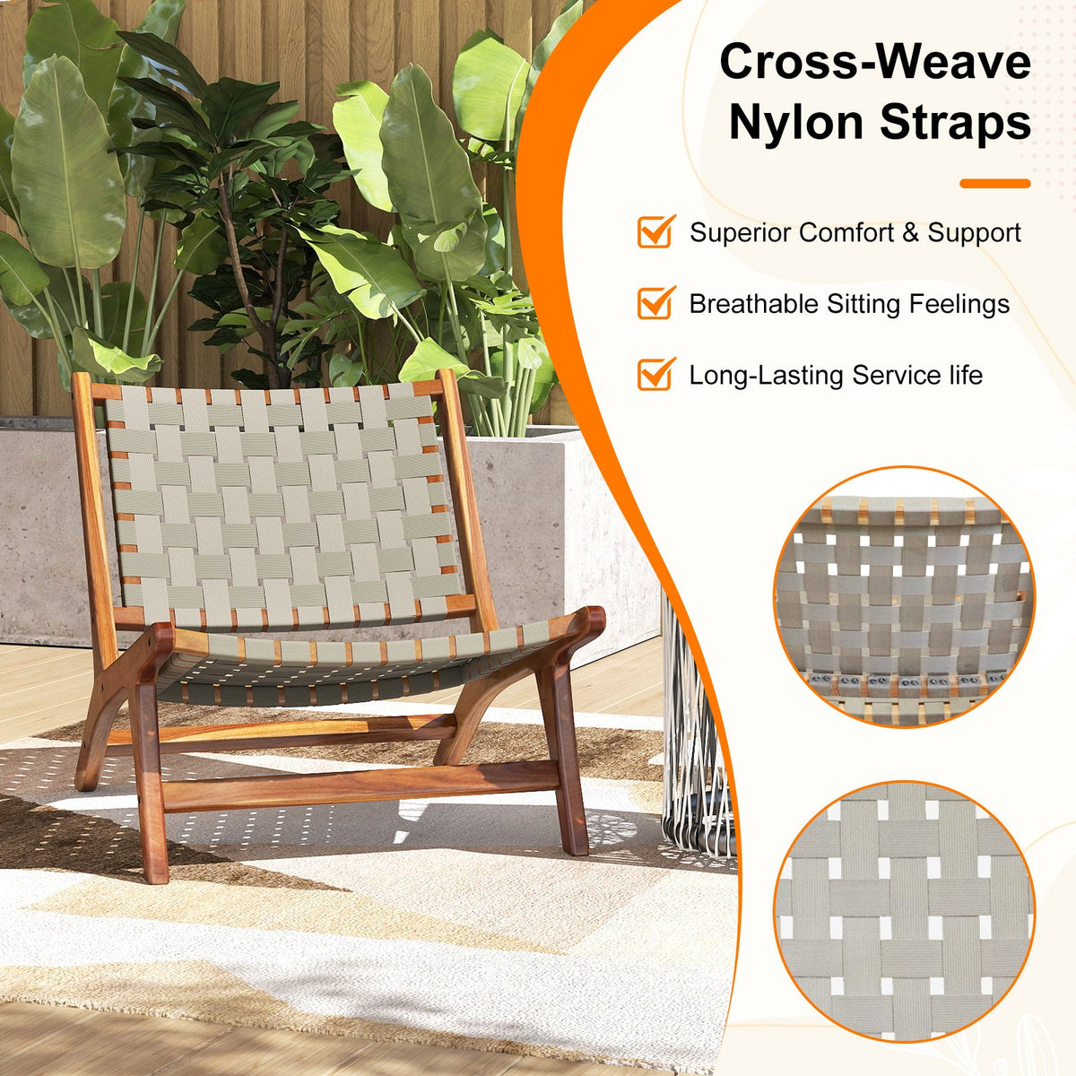 Patio Teak Wood Chair Outdoor Mid-Century Accent Chair with Nylon Webbing Seat view 7