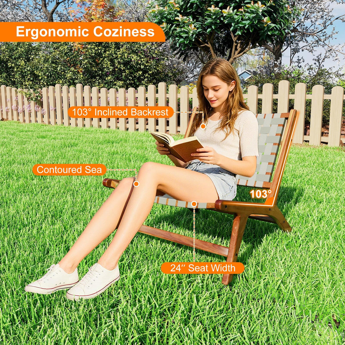 Patio Teak Wood Chair Outdoor Mid-Century Accent Chair with Nylon Webbing Seat view 8