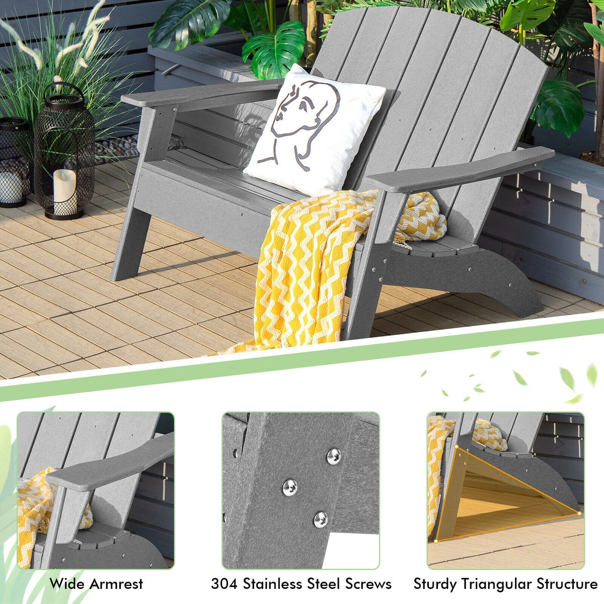 HDPE Patio Adirondack Chair for Porch Garden Backyard-Gray view 6