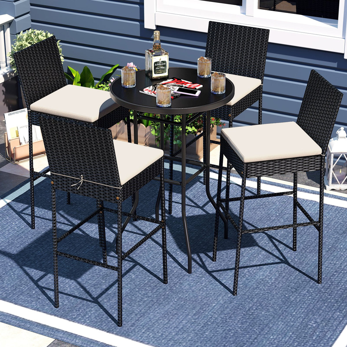 Patio Wicker Barstools with Footrest and Backrest Set of 4 view 2