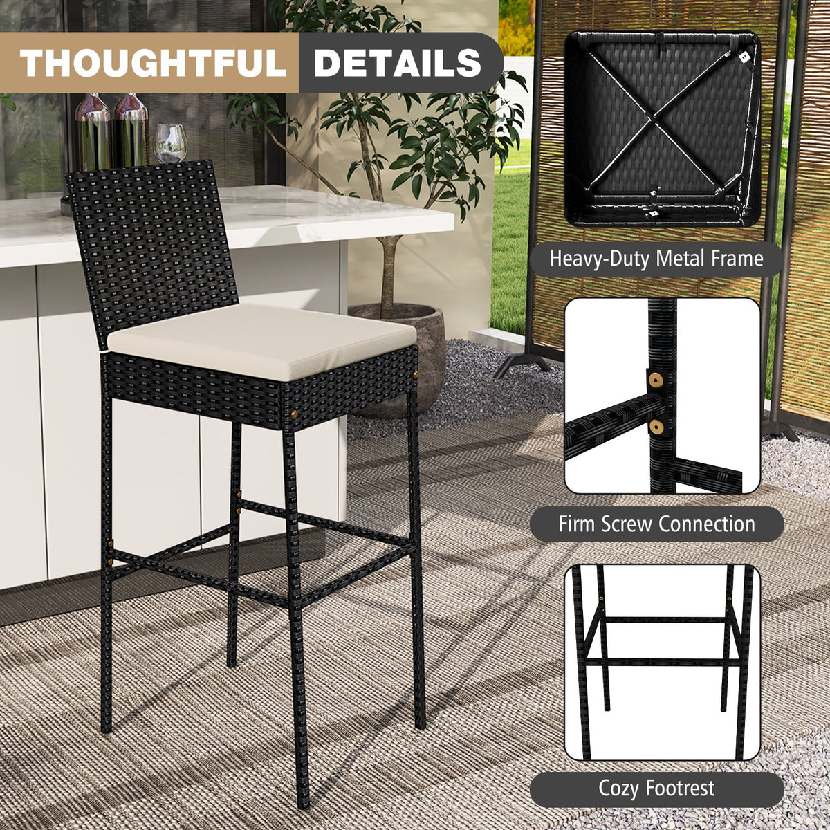 Patio Wicker Barstools with Footrest and Backrest Set of 4 view 8