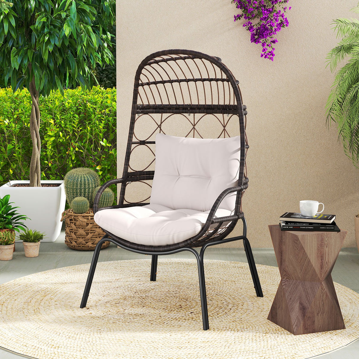 Patio Wicker Egg Chair Outdoor Rattan Lounge Basket with Seat and Back Cushions-Brown view 2