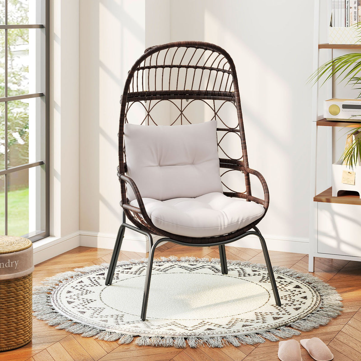 Patio Wicker Egg Chair Outdoor Rattan Lounge Basket with Seat and Back Cushions-Brown view 3