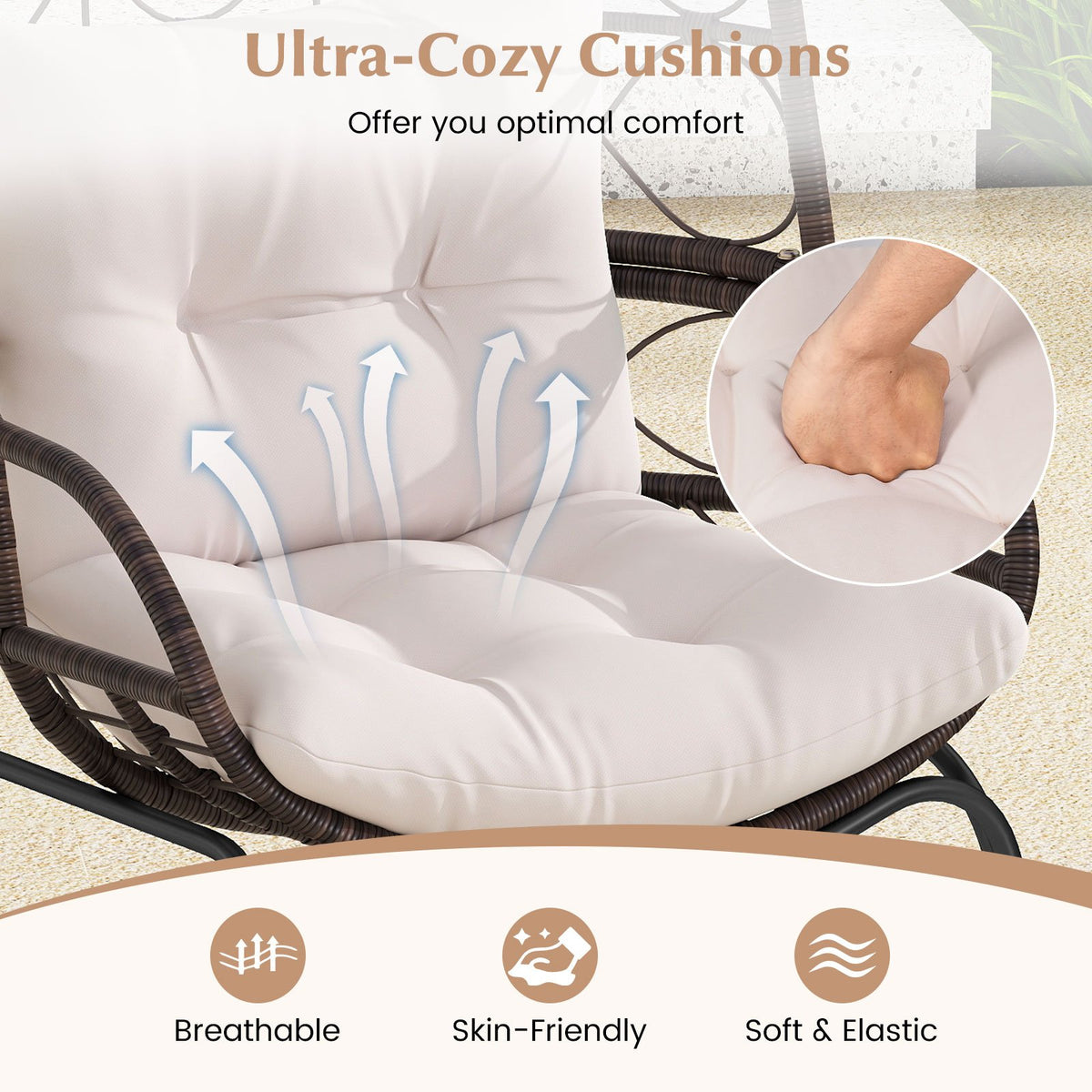 Patio Wicker Egg Chair Outdoor Rattan Lounge Basket with Seat and Back Cushions-Brown view 6