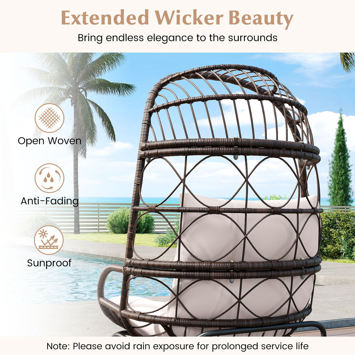 Patio Wicker Egg Chair Outdoor Rattan Lounge Basket with Seat and Back Cushions-Brown view 7