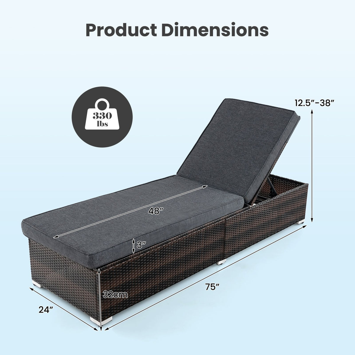 Patio Wicker Lounge Chair with 4-level Backrest and Long Seat Cushion-Brown view 4
