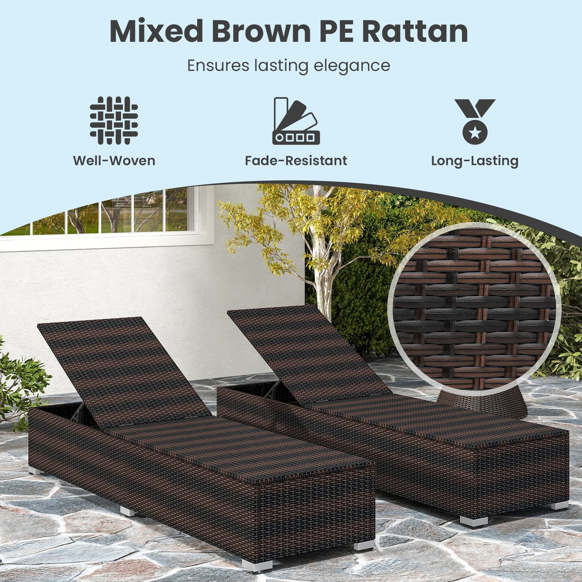 Patio Wicker Lounge Chair with 4-level Backrest and Long Seat Cushion-Brown view 7