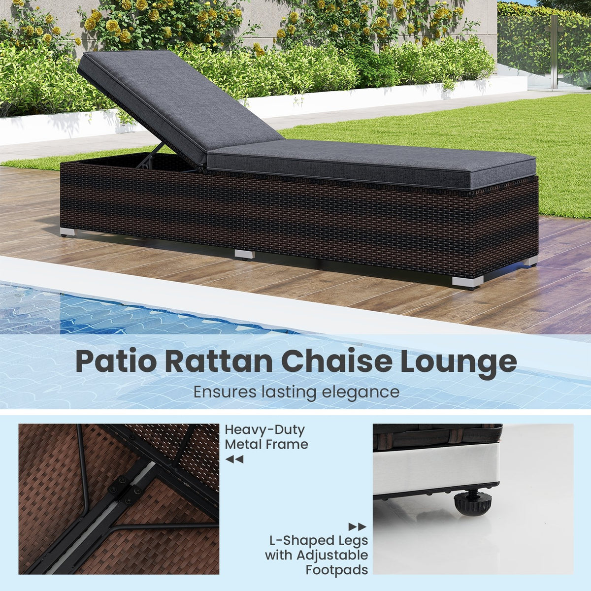 Patio Wicker Lounge Chair with 4-level Backrest and Long Seat Cushion-Brown view 8