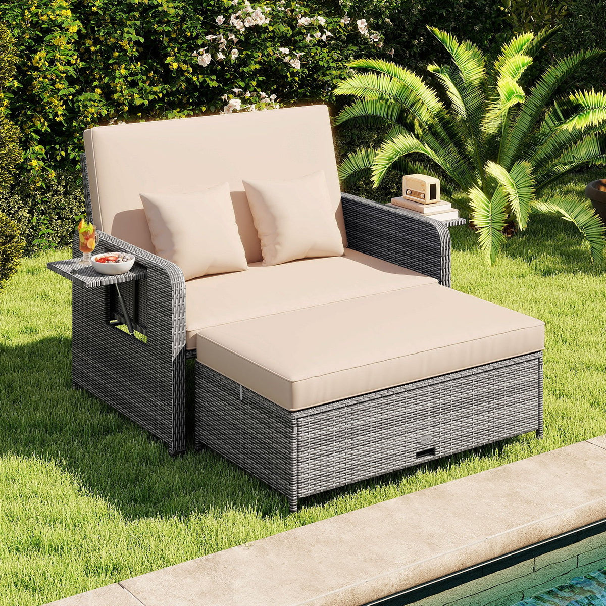 Patio Wicker Loveseat Sofa with Multipurpose Ottoman and Retractable Side Tray-Beige view 2