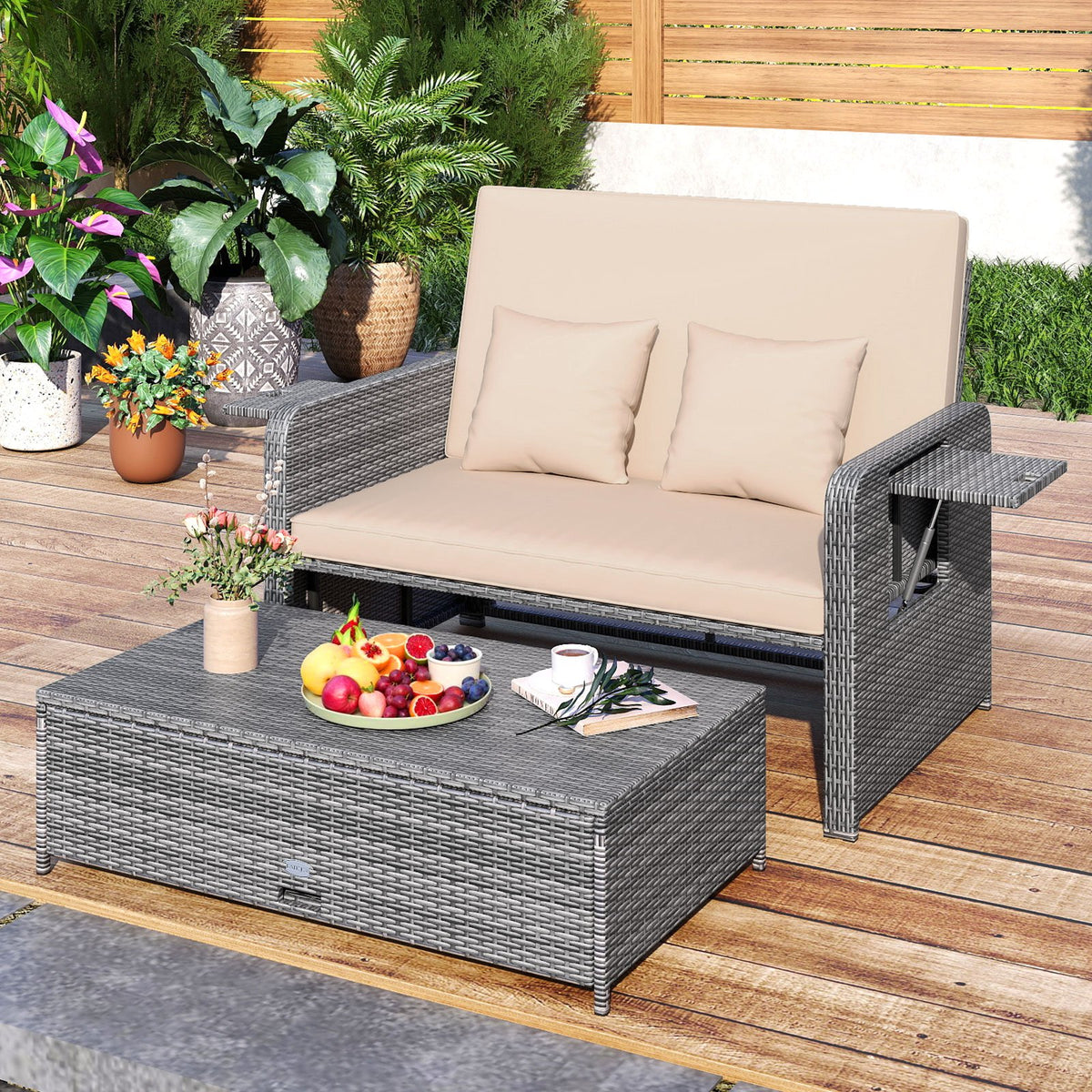 Patio Wicker Loveseat Sofa with Multipurpose Ottoman and Retractable Side Tray-Beige view 3