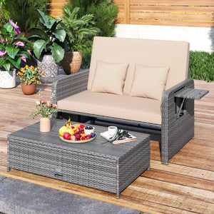 Patio Wicker Loveseat Sofa with Multipurpose Ottoman and Retractable Side Tray-Beige view 3
