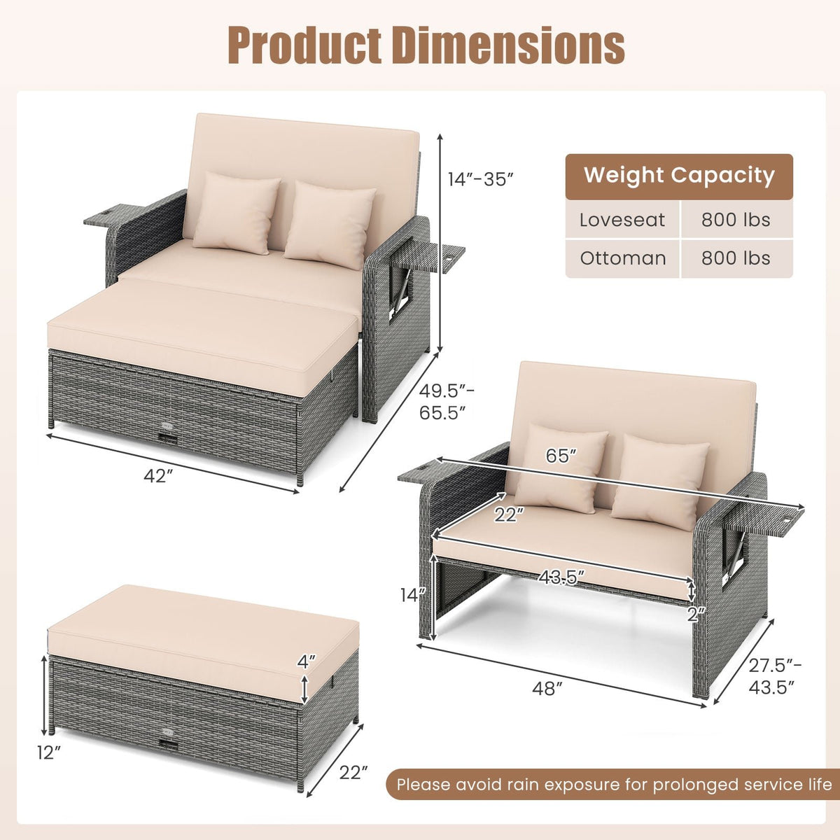 Patio Wicker Loveseat Sofa with Multipurpose Ottoman and Retractable Side Tray-Beige view 5