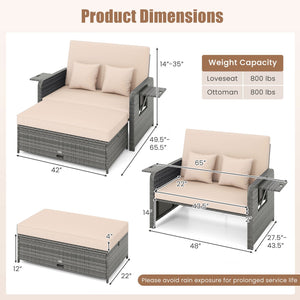 Patio Wicker Loveseat Sofa with Multipurpose Ottoman and Retractable Side Tray-Beige view 5