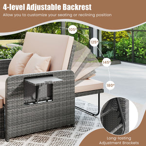 Patio Wicker Loveseat Sofa with Multipurpose Ottoman and Retractable Side Tray-Beige view 6