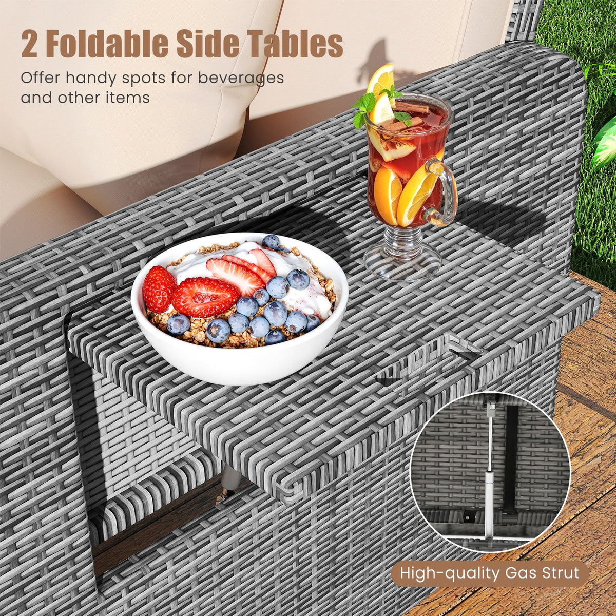 Patio Wicker Loveseat Sofa with Multipurpose Ottoman and Retractable Side Tray-Beige view 7