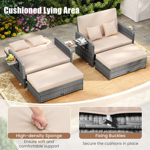 Patio Wicker Loveseat Sofa with Multipurpose Ottoman and Retractable Side Tray-Beige view 8