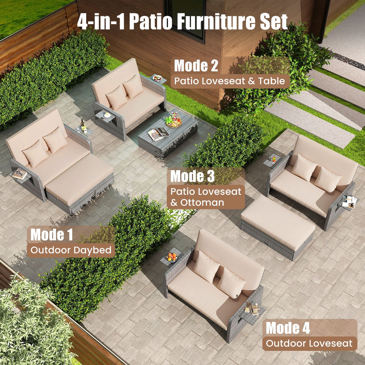 Patio Wicker Loveseat Sofa with Multipurpose Ottoman and Retractable Side Tray-Beige view 9