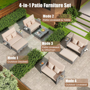 Patio Wicker Loveseat Sofa with Multipurpose Ottoman and Retractable Side Tray-Beige view 9