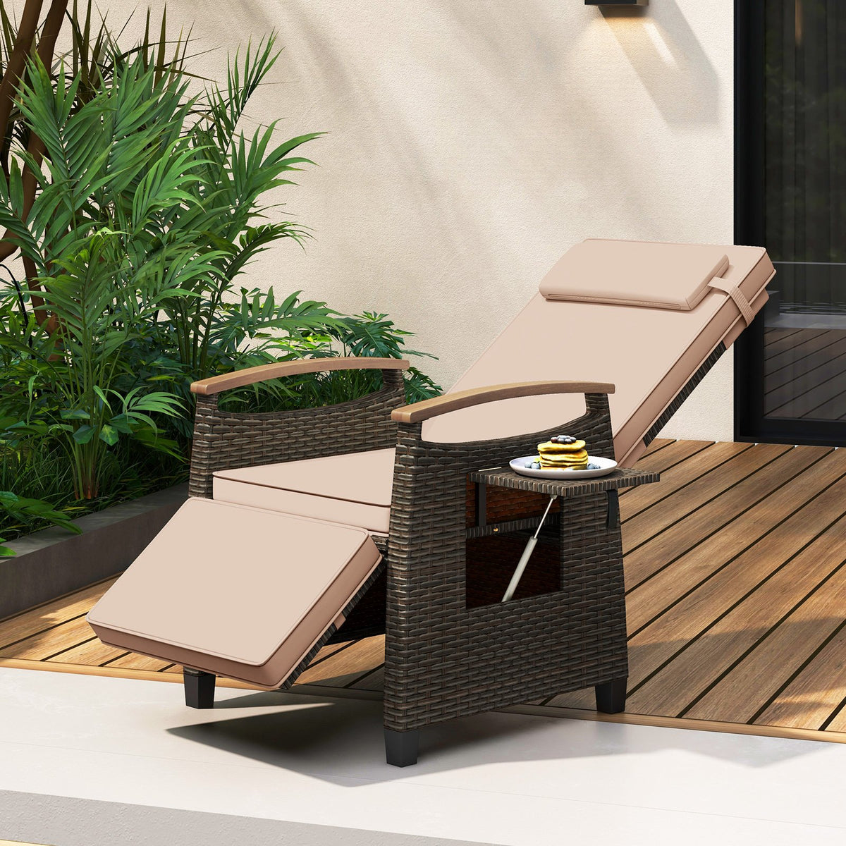 Patio Wicker Recliner Chair with Adjustable Backrest and Footrest-Brown view 3