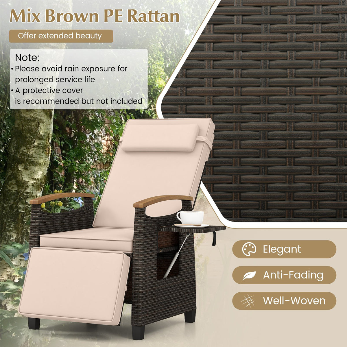 Patio Wicker Recliner Chair with Adjustable Backrest and Footrest-Brown view 6