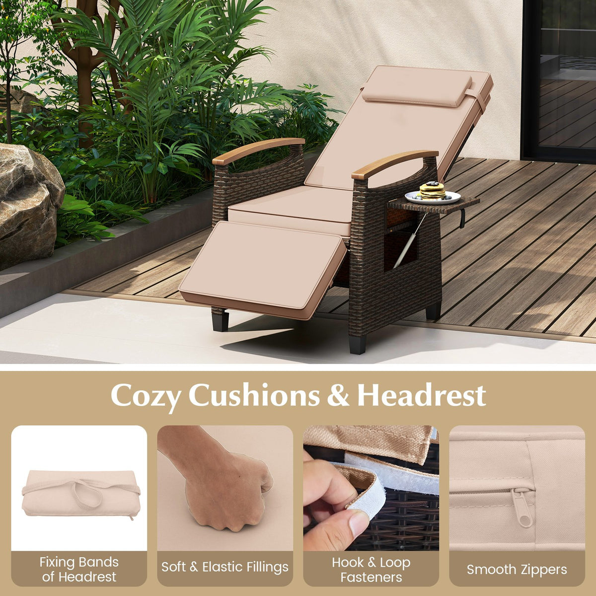 Patio Wicker Recliner Chair with Adjustable Backrest and Footrest-Brown view 7