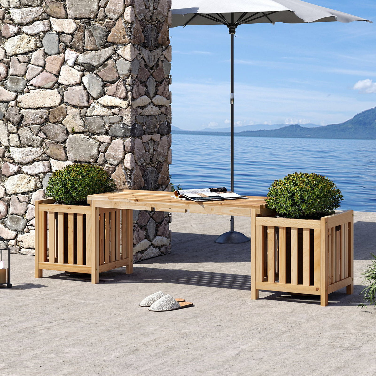 Patio Wooden Bench with Planter 2 Person Patio Bench-Natural view 2