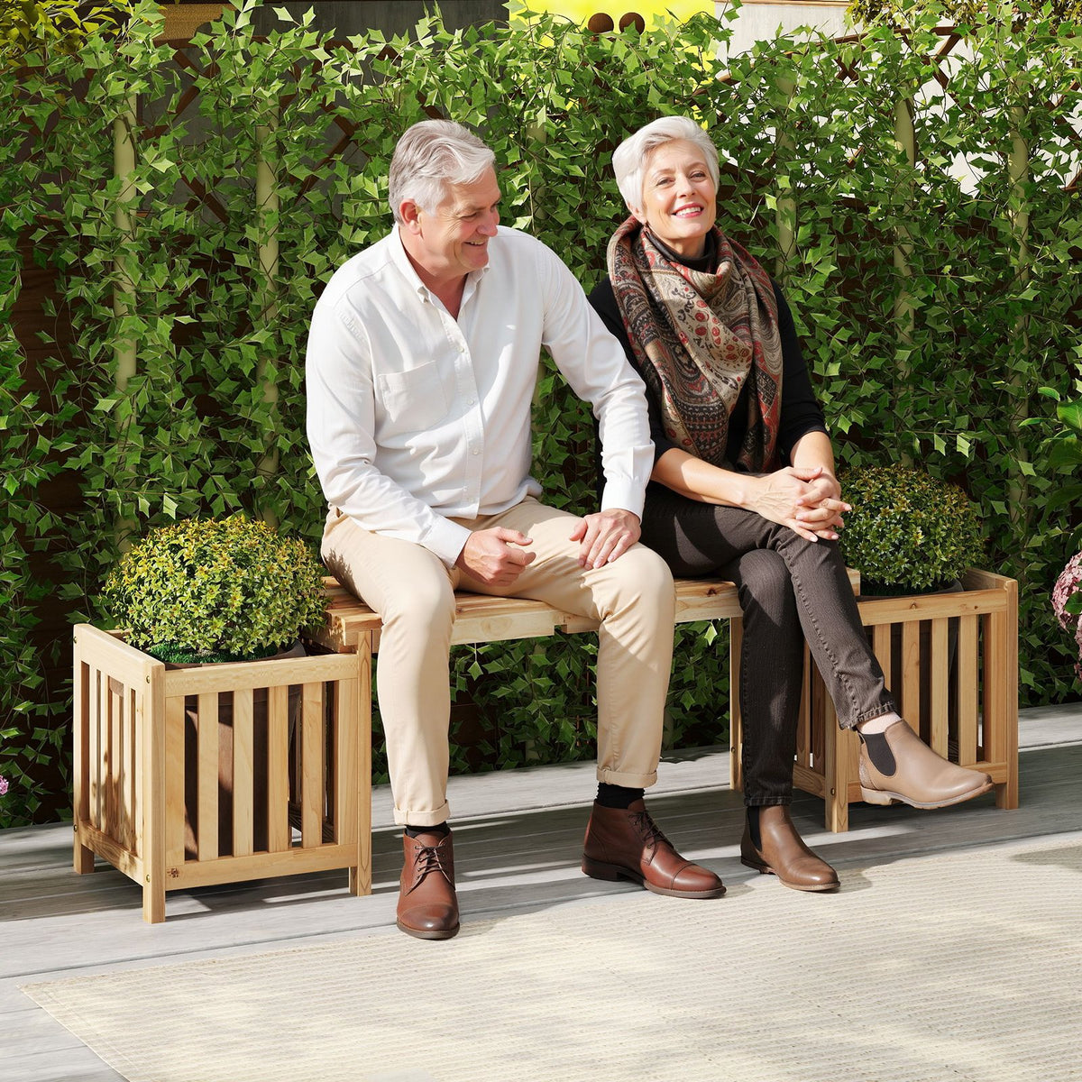 Patio Wooden Bench with Planter 2 Person Patio Bench-Natural view 6