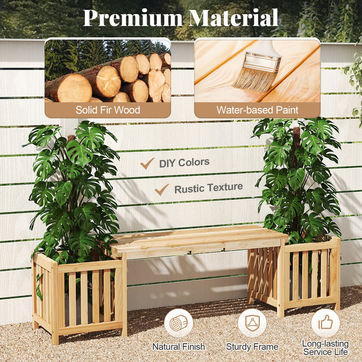 Patio Wooden Bench with Planter 2 Person Patio Bench-Natural view 7