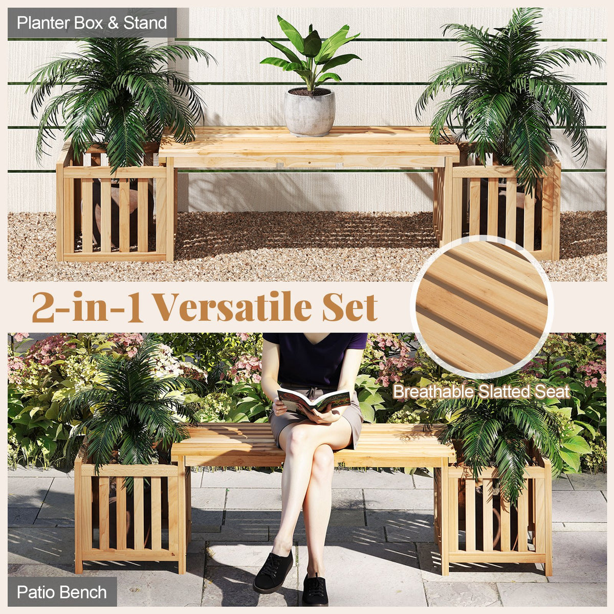 Patio Wooden Bench with Planter 2 Person Patio Bench-Natural view 8