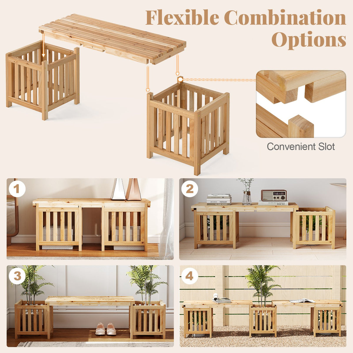 Patio Wooden Bench with Planter 2 Person Patio Bench-Natural view 9