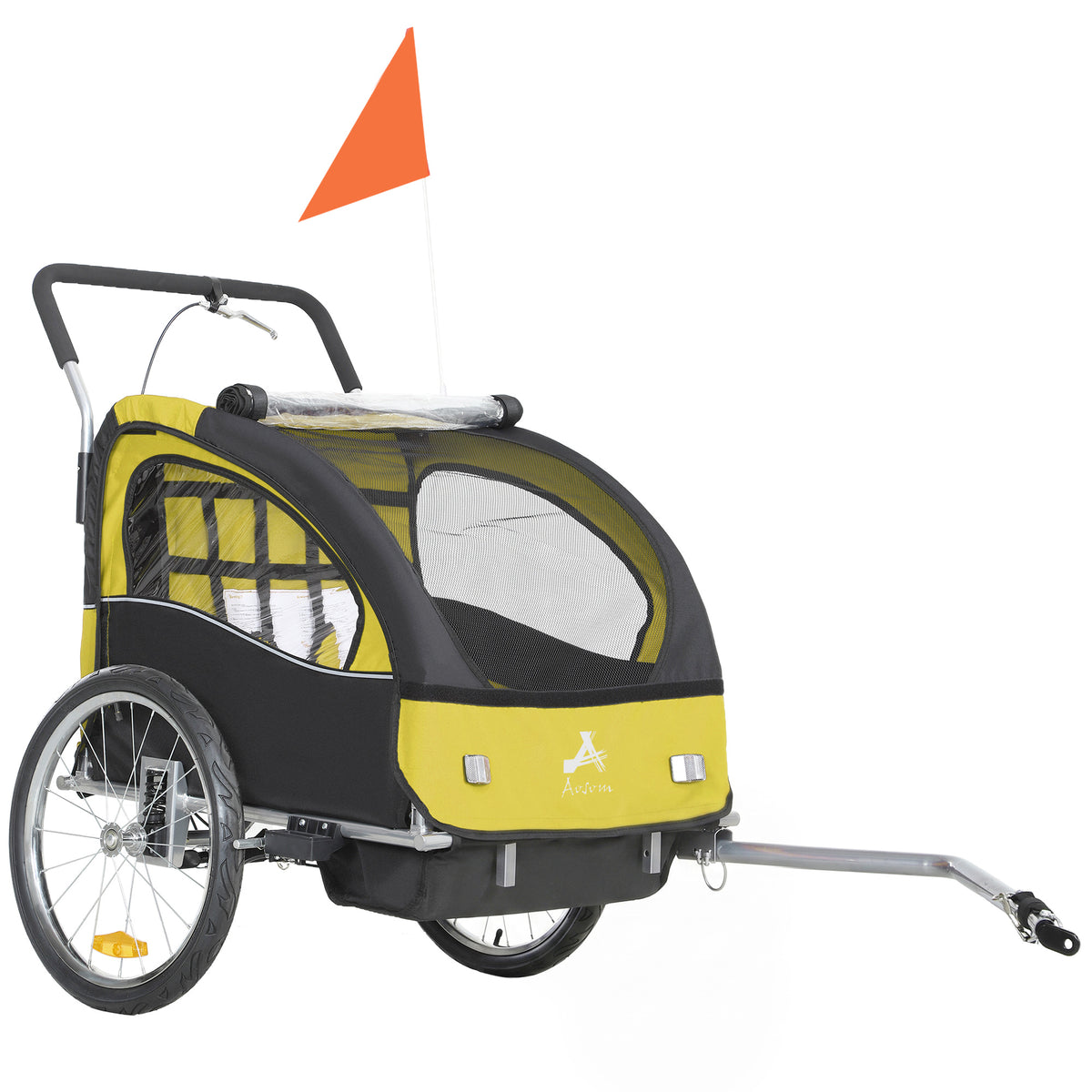 Aosom 2-in-1 Bike Trailer for Kids, Foldable 2-Seat Baby Stroller with 5-Point Harness, Rubber Wheels, Storage Bag