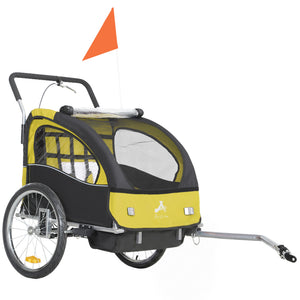 Aosom 2-in-1 Bike Trailer for Kids, Foldable 2-Seat Baby Stroller with 5-Point Harness, Rubber Wheels, Storage Bag