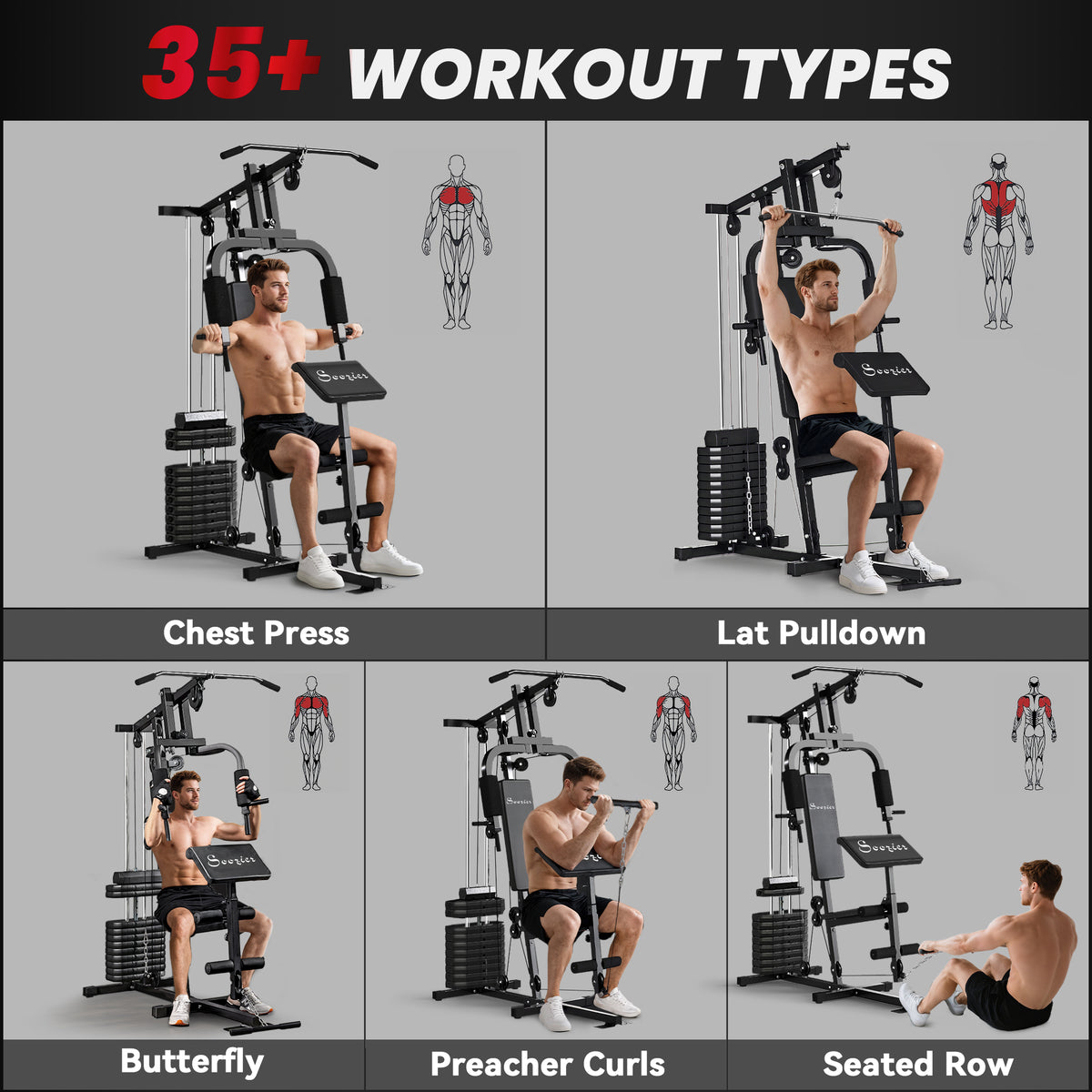 Soozier Home Gym Equipment Weight Training Machine, Multifunction Workout Machine with 143lbs Weight Stack for Full Body Workout and Strength Training
