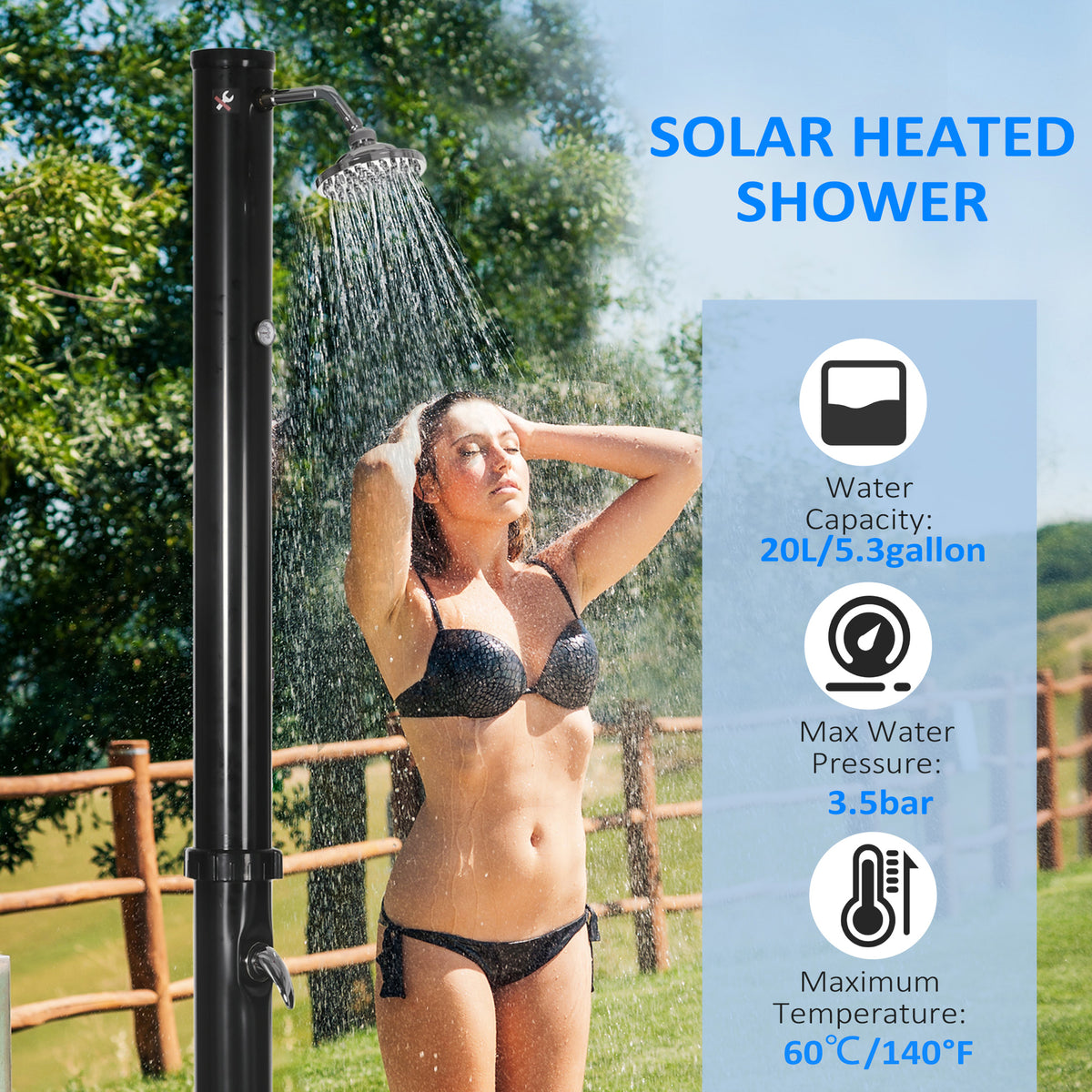 5.3 Gallons Solar Shower with Rotating Rainfall, Temperature Adjustment, 2 Section Outdoor Shower for Backyard, Black