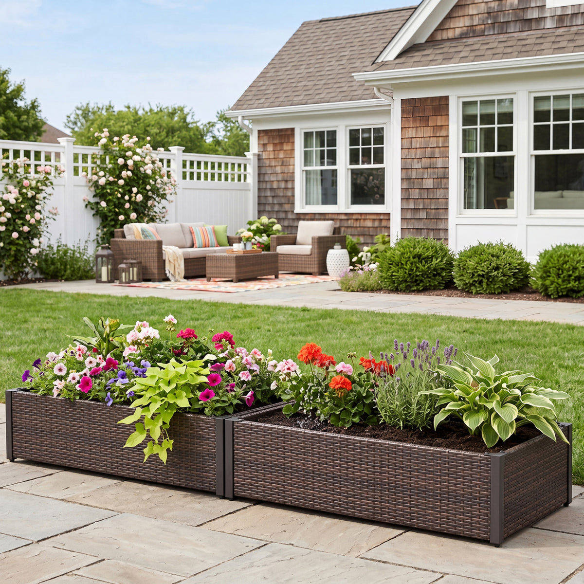 PE Rattan Elevated Raised Garden Bed with Open-Ended Base-Brown view 2