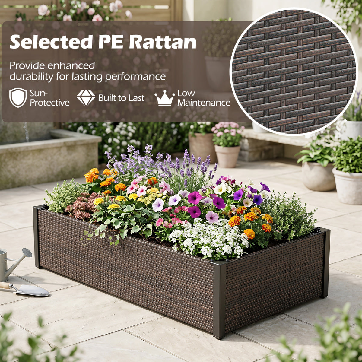 PE Rattan Elevated Raised Garden Bed with Open-Ended Base-Brown view 7