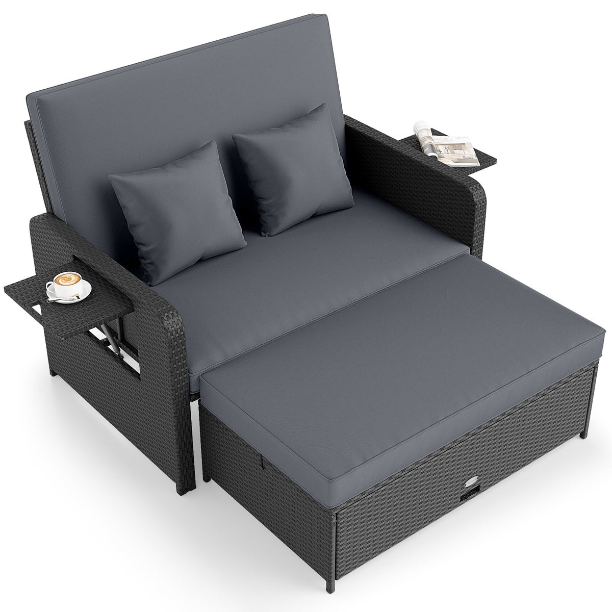 PE Wicker Outdoor Daybed with 4-Level Adjustable Backrest and Storage Ottoman-Gray
