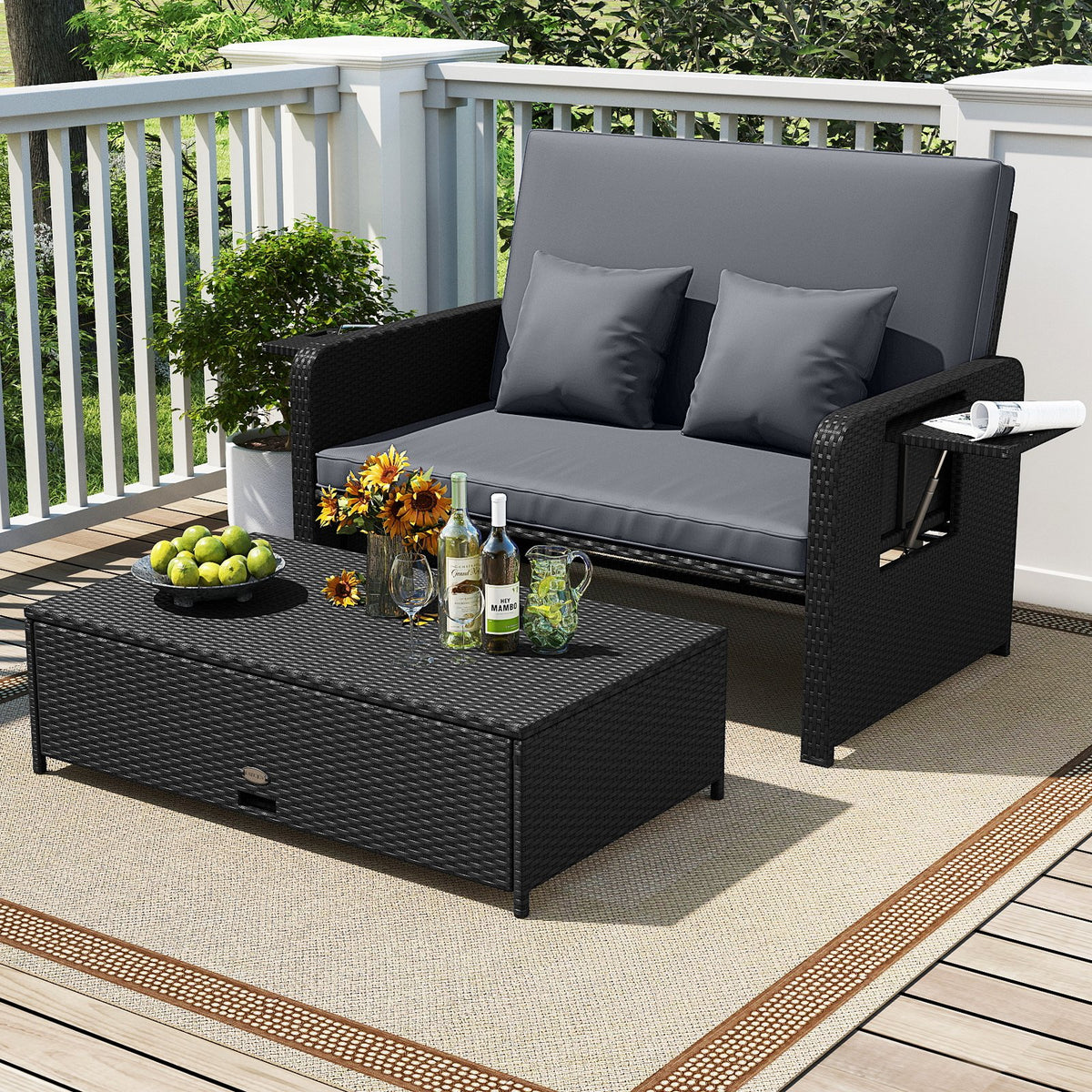 PE Wicker Outdoor Daybed with 4-Level Adjustable Backrest and Storage Ottoman-Gray view 2