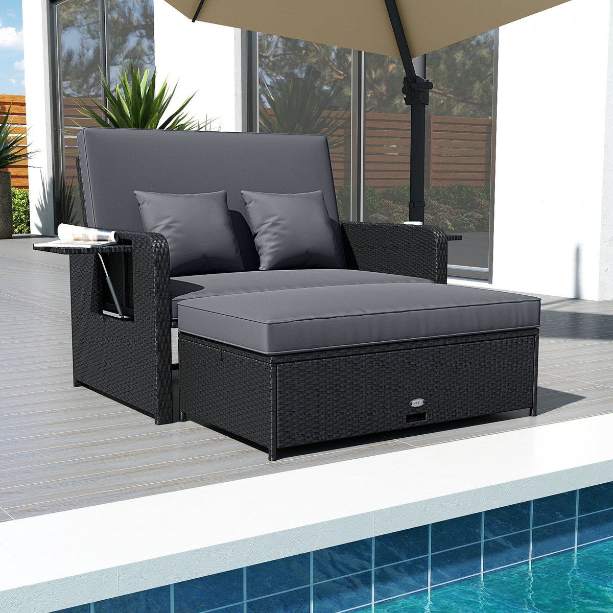 PE Wicker Outdoor Daybed with 4-Level Adjustable Backrest and Storage Ottoman-Gray view 3