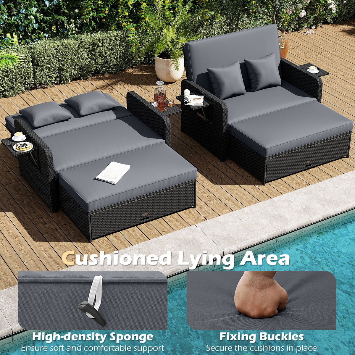 PE Wicker Outdoor Daybed with 4-Level Adjustable Backrest and Storage Ottoman-Gray view 9