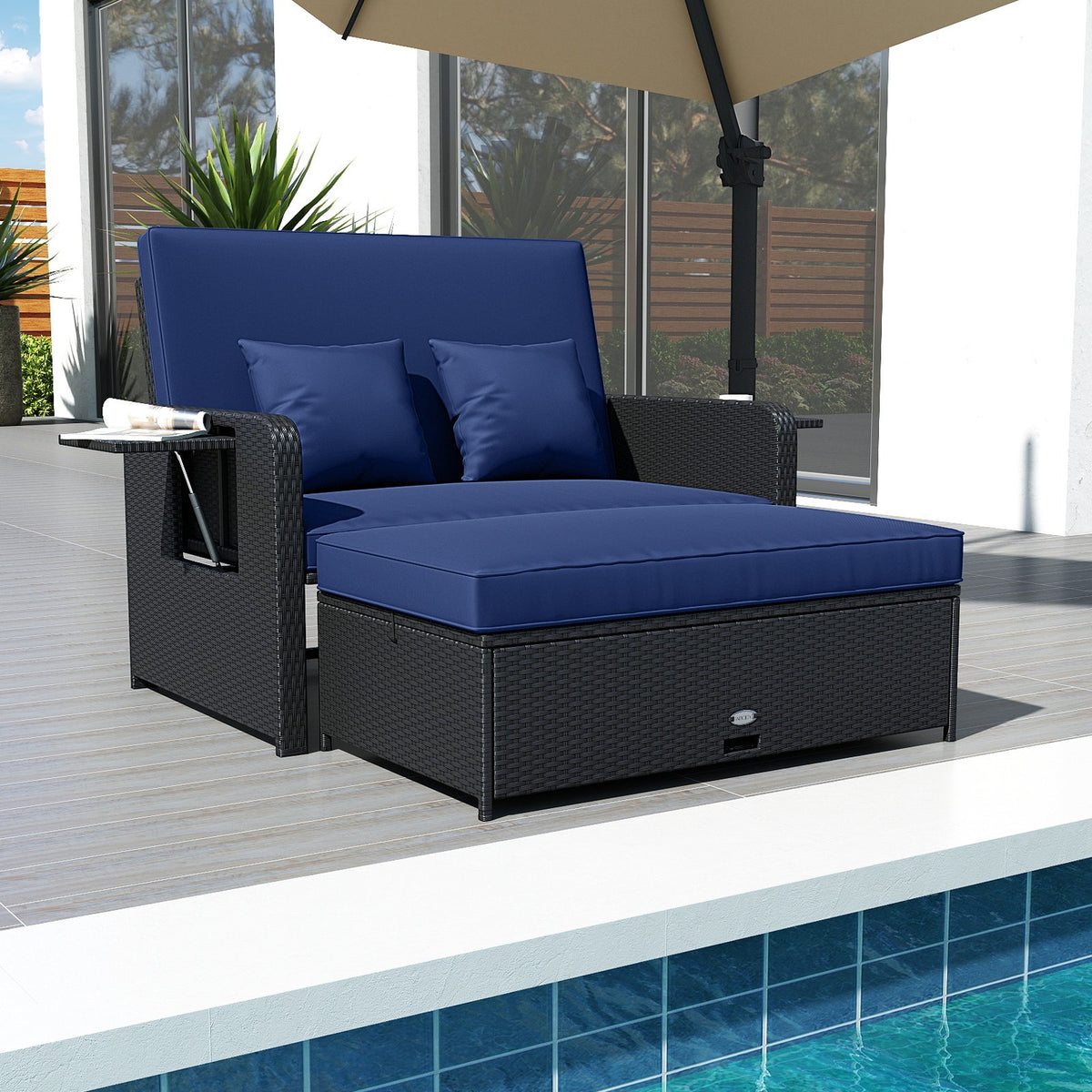 PE Wicker Outdoor Daybed with 4-Level Adjustable Backrest and Storage Ottoman-Navy view 2