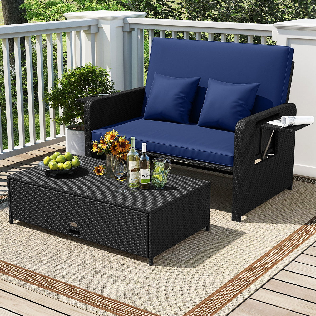 PE Wicker Outdoor Daybed with 4-Level Adjustable Backrest and Storage Ottoman-Navy view 3