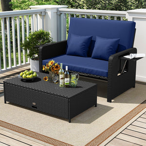 PE Wicker Outdoor Daybed with 4-Level Adjustable Backrest and Storage Ottoman-Navy view 3